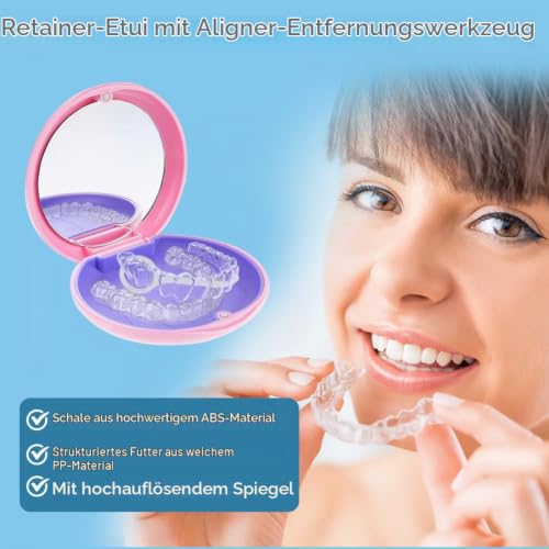 Braces Box, Portable Tooth Splint Box with Mirror, Empty Orthodontic Teeth Holder Box for Holder and Mouth Guard with Tool for Removing Aligners (Pink) Pink