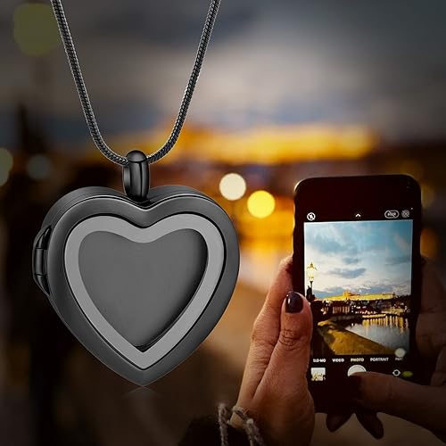 Cremation Jewelry Necklace for Ashes Heart Shaped Memorial Picture Lockets for Ashes Stainless Steel Keepsake Urn Ashes Pendants That Holds Pictures Photo Black