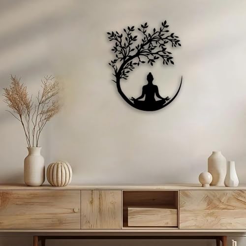 OPTYBVFD Tree of Life and Buddha Metal Wall Decor - Zen Room Decor Wall Art Home Decor for Living Room, Bedroom, Office, Yoga, Meditation (Black) Black