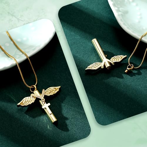 Cross Cremation Jewelry Urn Necklaces Cross Angel Wings Urn Necklaces for Ashes Memorial Keepsake Pendant for Women Men Gifts With Funnel Kit & Bag Gold