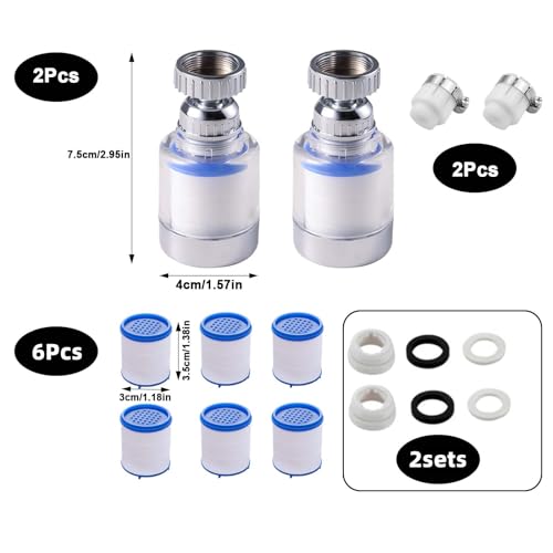 Pack of 2 Water Filter Tap, 360° Tap Filter | With 6 pieces PP cotton filter element and universal adapter, faucet filter for home, kitchen, bathroom, sink
