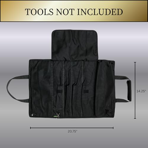 Black OGRE roll-up garden tool bag with six pockets, heavy-duty organizer shown open
