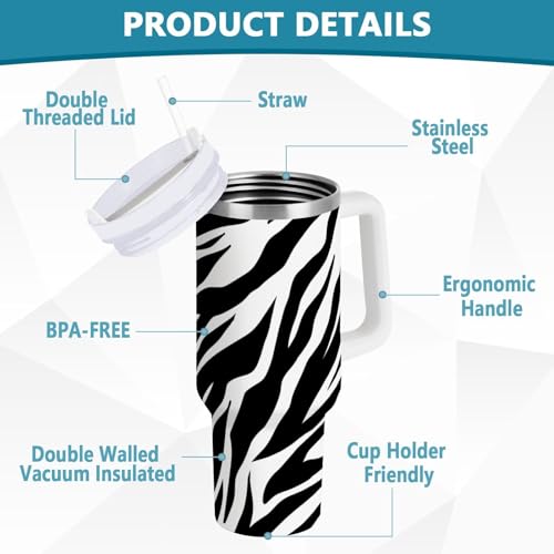 40 oz Tumbler with Straw & Handle - 2 in 1 Lids Leak Proof Tumblers - Large Insulated Stainless Steel Cup - BPA-Free Water Bottle Travel Metal Mug for Women Man, Black and White Zebra Skin Print 40 Ounces
