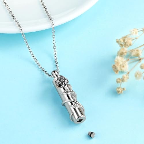 Rose Flower Urn Necklace for Ashes Stainless Steel Cylinder Ash Holder Pendant Cremation Jewelry for Ashes Black