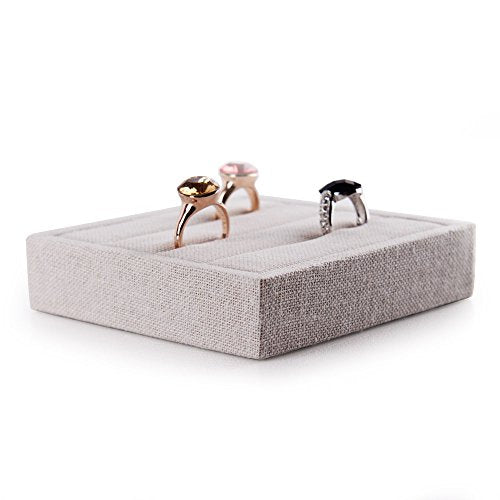 Oirlv linen 3 Slots Ring Earrings Display Trays Showcase Jewelry Organizer (creamy-white,square) (Pack of 2) square (Pack of 2)