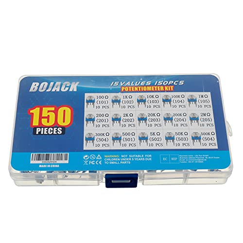 BOJACK 15 Values 150pcs 100ohm - 2M Ohm Variable Resistance 6mm Potentiometer Classification Suit Package in a Clear Plastic Box