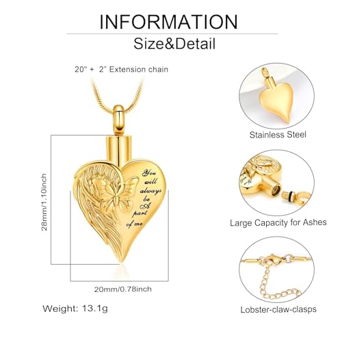 Imrsanl Cremation Jewelry Butterfly Heart Urn Necklace for Women Gold