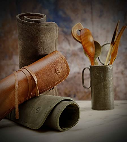 Angus Stoke Knife Bag for Chefs–knife Roll Bag leather 7 slots – Leather Knife Case Noah (green-olive) green-olive