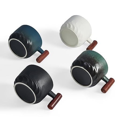 6 Oz Ceramic Espresso Mugs with Wooden Handle, Demitasse Cups for Double Shot Latte Cappuccino Lungo Tea Bag Beverage, Espresso Cups Set of 4 Multicolor 6oz
