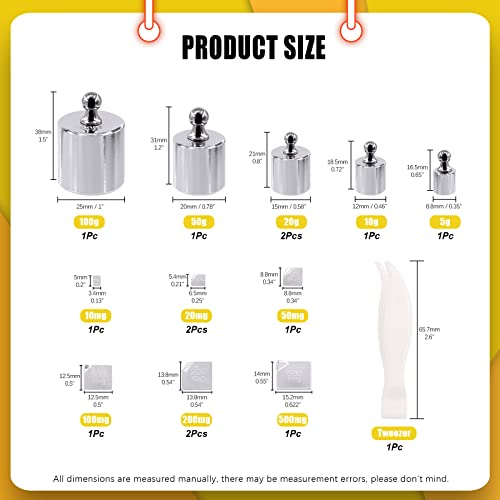 Precision Calibration Weight Set 10mg to 500mg 5g to 100g Steel Weights Calibration with Tweezers for Digital Scale Jewelry Scale M2 Class (Total 200g)