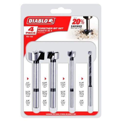 Diablo Forstner drill bit set, 1/4 to 1 inch diameters, 3-1/2 inch length, 4 pieces