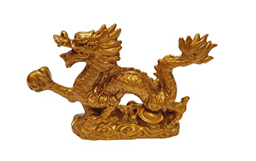 DMtse Chinese Feng Shui Dragon Lucky Golden Color Figurine Statue for Luck & Success 4 inch Long with Box