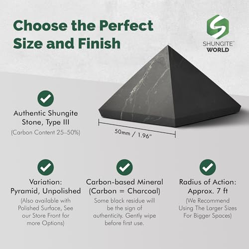 Shungite World Authentic Shungite Pyramid Unpolished 50 mm / 1.96" Chakra Energy Natural Healing Crystal Real Black Pyramid Home Office Protection Desk Decor Meditation Reiki Grounding Stone 50 mm / 1.96"