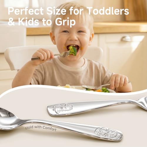 KINGSTONE 6 Pieces Toddler Utensils Set, 18/10 Stainless Steel, Dinosaur Cute Dinosaur 6-Piece (Small)