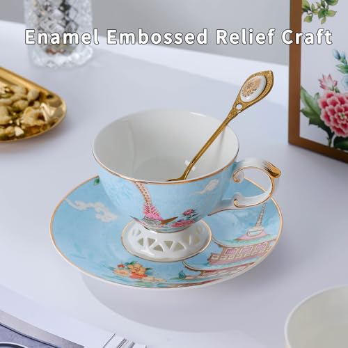 Blue Tea Cup and Saucer Set, Bone China Tea Cup and Saucer with Spoon, Porcelain Floral Teacup Set with Gold Trim, Dishwasher Safe, Food Grade, Gift for Women, Mom, Friends, 6.8 oz