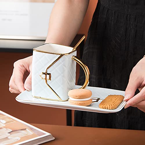 Leepesx Special Handbag-Shaped Coffee Mug Set, with Saucer & Spoon 310ML Coffee Cup Ceramic Tea Cup Birthday Festival Gift for Mom Grandmom Wife Girlfriend (Black)