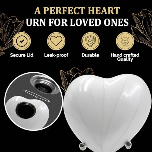 Small Urns for Human Ashes Keepsake – Heart Urn for Men & Women – Mini Urns with Stand – A Loving Heart Shaped Cremation Urn to Honor Their Memory Forever (White, Small) White