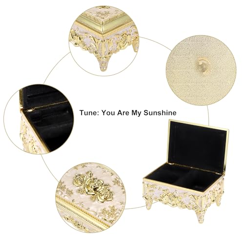 ELLDOO Vintage Music Box, Beige Metal Musical Jewelry Box Keepsake Box, Small Trinket Jewelry Storage Box Gift for Girl Women (Tune: You are My Sunshine), Gold Rose Pattern