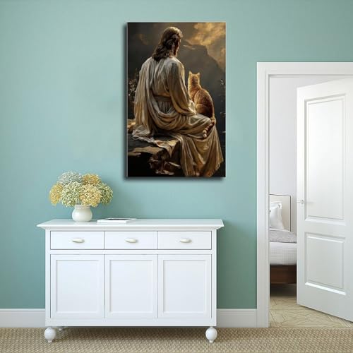 Jesus and Cat Wall Art Poster Unframed Christian Religious Home Decor Spiritual Painting for Cat Lovers Bedroom Living Room 12x18Inch 12"L x 18"W