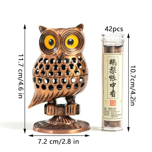 Owl Incense Burner, Metal Backflow & Cone Holder, Brass，4.7 inch