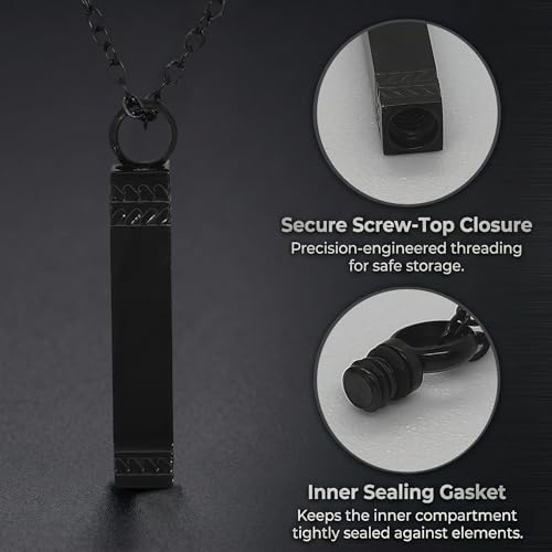 Urn Necklace For Men, Memorial Cremation Jewelry For Ashes, Black Bar Ash Pendants For Men Women With Tool and Black Velvet Bag