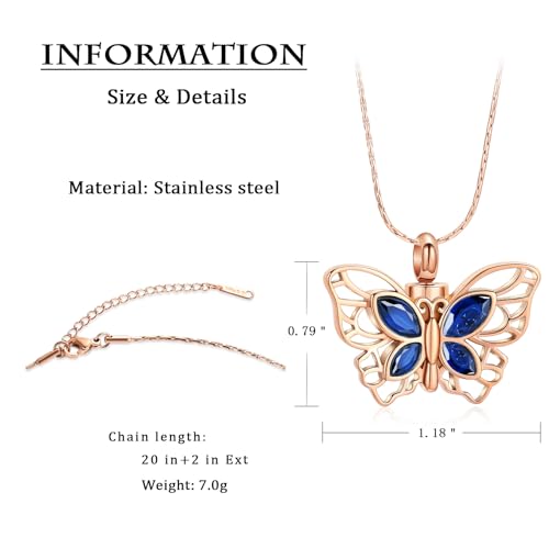 constantlife 3 Pack Butterfly Urn Necklace Cremation Jewelry for Ashes for Women Stainless Steel Inlaid Crystal Memorial Pendant Human Pet Ash Holder Keepsake (Rose Gold)