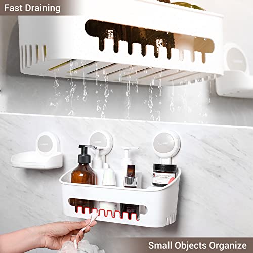 LUXEAR 4 Pack Shower Caddy Set - Suction Cup Shower Shelf+Soap Dish+Hooks - 1 Sec Installation NO-Drill Removable Powerful Waterproof Organizer for Bathroom/Kitchen/RV 22LBS Capacity Removable White
