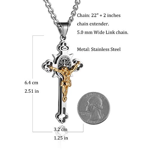 HZMAN Stainless Steel St. Benedict Crucifix Cross Necklace for Men Large Silver & Gold