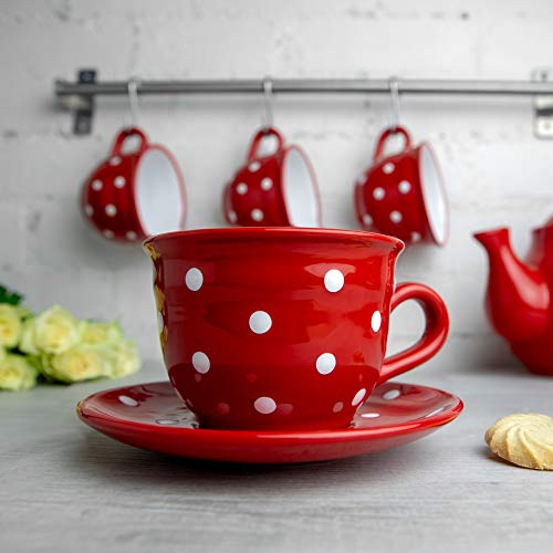 City to Cottage Handmade Red and White Polka Dot Large Ceramic 12oz/350ml Cappuccino Coffee Tea Cup and Saucer, Unique Designer Pottery Gift for Tea Lovers Red - 12oz (350ml)