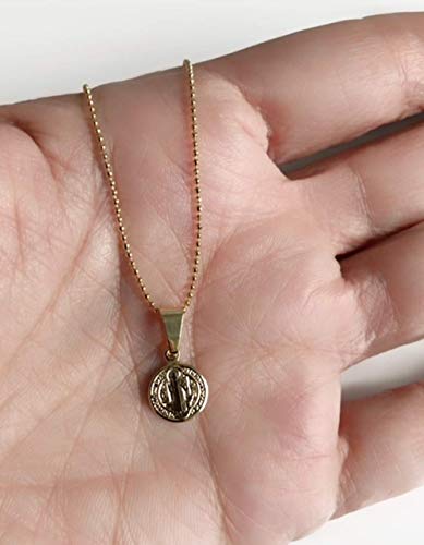 SIFRIMANIA Saint Benedict Small Pendant Necklace, 18K Gold Plated Catholic Medal, Minimalist Religious Jewelry with Ball Chain, 17.5 Inch