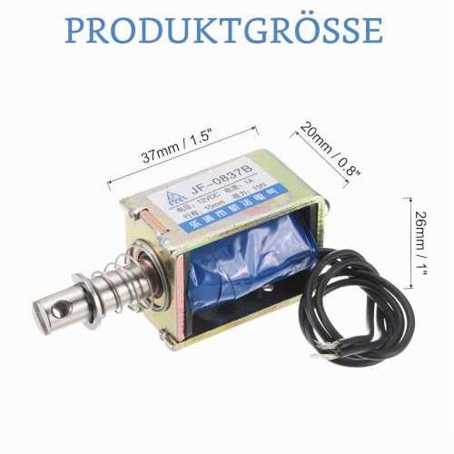 QUARKZMAN DC 12V 1A Solenoid Electromagnet Push Type 15N 10mm Stroke | Electromagnetic Actuator Open Frame Linear Motion JF-0837B Magnet Electromagnet, Black Cable