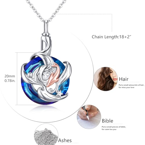 KINGWHYTE Dolphin Urn Necklace 925 Sterling Silver Crystal Ashes Necklace Urn Necklace for Ashes Crystal Cremation Keepsake Jewellery Ash Dolphin Gifts for Women Girls