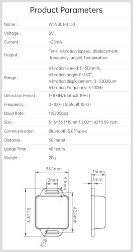 [BLE Vibration Sensor] WTVB01-BT50 Smart Vibration Module, 3-axis Vibration (Frequency+Displacement+Speed+Angle) Detector, Wireless Shock Motor Monitor