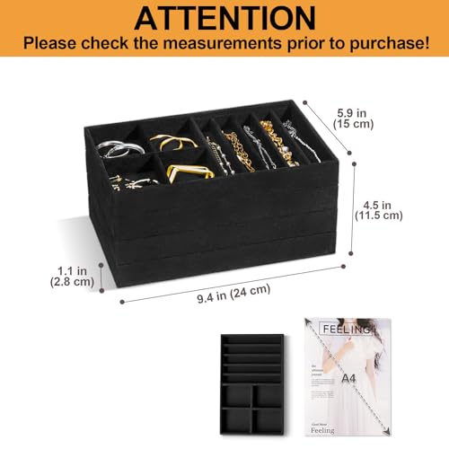 ProCase Stackable Jewelry Organizer Trays for Drawers, Jewelry Drawer Inserts Container Display Case Storage for Earring Necklace Rings Bracelet with Removable Dividers -Allblack, 4 Layers Allblack
