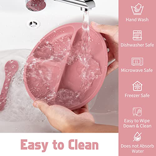 Silicone Baby Feeding Set, Suction Plate Bowl for Baby Led Weaning Dark Pink