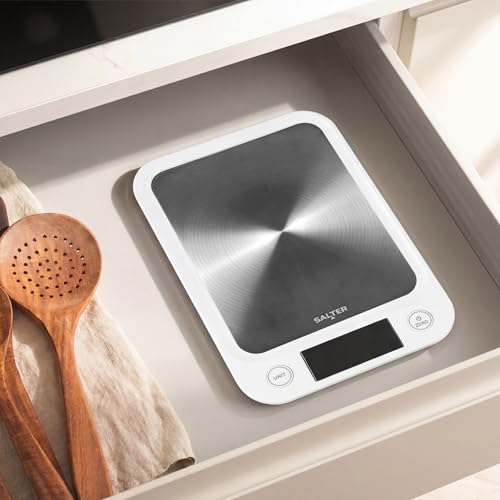 Salter 1105 SSWHDR Stainless Steel Electronic Scale - 5 KG Capacity, Large Platform Digital, Slim Design, Easy to Clean, Backlit Display, Tare Function, Accurate Readings, Batteries Included, White White Stainless Steel Kitchen Scale Single