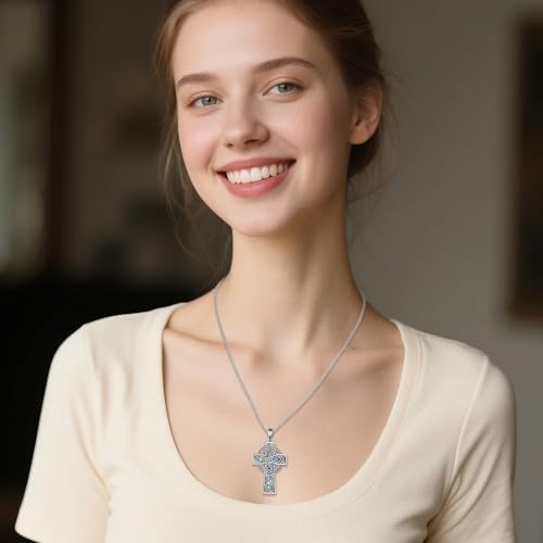 URONE Celtic Cross Necklace 925 Sterling Silver Cross Pendant Necklace Irish Jewelry Protection Religious Gift for Men Women