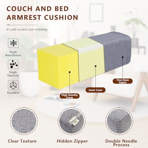 2 Pack Couch Arm Rest Pillow, 6''x6''x20'' Linen Cover, High Density Foam Armrest Cushion, Removable & Washable Elbow Support for Sofa, Bed, and Armchair (Grey) Linen Grey 5.9x5.9x19.7 IN