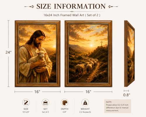 2Pc Framed Christian Shepherd Wall Art 16x24 Set Living Room Church 16x24in