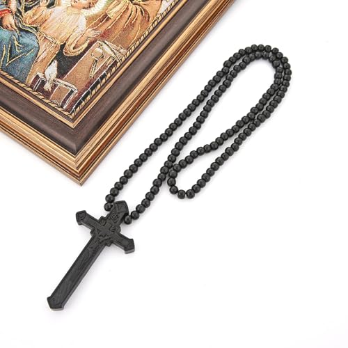 HZMAN Large Natural Wooden Crucifix Cross Necklace for Men Handmade Prayer Rosary Beads Necklace Pendant Catholic Jewelry Gift