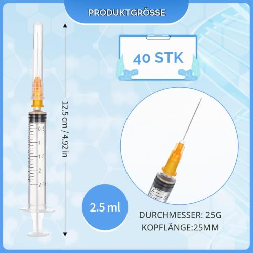 Pack of 40 Plastic Syringes with Needle, Versatile Syringes 2.5 ml, Plastic Syringe Individually Packed, Dosing Syringes with Caps for Garden, Pet Care, Laboratory Supplies
