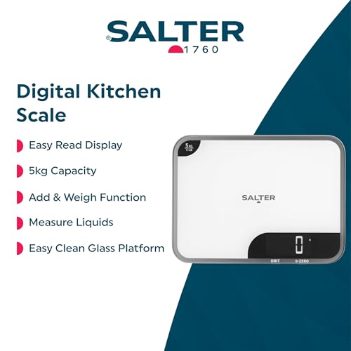 Salter 1064 WHDR Digital Kitchen Scale - 5kg Capacity, Easy Read Display, Add &Weigh/Tare Function, Measure Liquids in ml/fl.oz, Glass Platform for Baking & Cooking, Batteries Included, 17 x 23 x 1cm 5 KG Kitchen Scale and Chopping Board