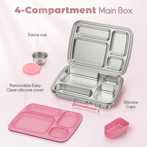 Stainless Steel Bento Box for Kids, Kids Lunch Box with 4-Compartment, Metal Lunch Box with Silicone Container & Sauce Cup, Durable Lunch Box Containers for School and Office (Pink) Pink