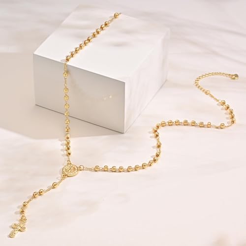 XUANPAI Virgin Mary Necklace,14k Gold Plated Rosary Bead Cross Necklaces
