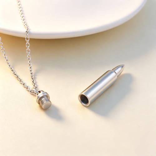 SIYUU Bullet Memorial Keepsake Pendant Stainless Steel Cremation Ashes Urn Necklace Capsule Funeral Casket Urn Pendant Keepsakes for Men Women Silver