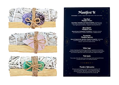 Metaphysical Spiritual Supplies - White Sage Bundles Palo Santo Sticks Amethyst Rose Quartz Aventurine Crystals Stones - Manifest It Kit