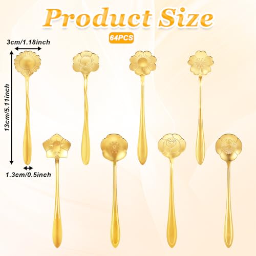 Ptwola 64 Pcs Flower Coffee Tea Spoons Stainless Steel Teaspoon Tea Party Spoons Cute Demitasse Scoop for Stirring Coffee Sugar Drink Kitchen Cafe Bar Tableware Party Favors Decor (Gold)