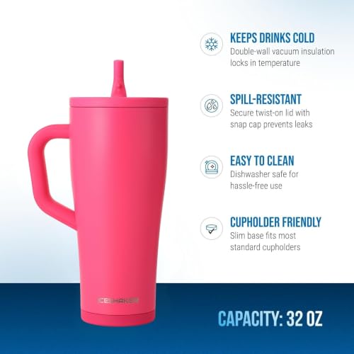 Ice Shaker 32 oz Tumbler with Handle and Straw | 32oz Neon Pink | Cold for 30+ Hours | 2-in-1 Tumbler Shaker Bottle | Odor-Free 32 ounce Bottle for Water, Protein Shakes, Smoothies, Cocktails