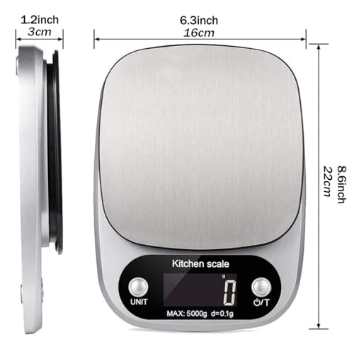 Digital Kitchen Scales Professional Electronic Scales Stainless Steel Precision up to 0.1 g (5 kg Maximum Weight), Food Scales Precision Scales with Tare Function