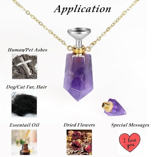 Cremation Gold Urn Necklaces for Ashes for Women Men Natural Crystal Gemstones Keepsake Jewelry Memorial Urn Locket for Human Ashes Holder Gold Purple